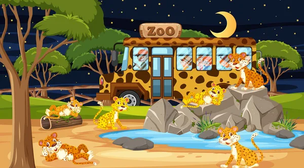 Safari Escena Nocturna Con Muchos Niños Viendo Ilustración Grupo Leopardo — Archivo Imágenes Vectoriales