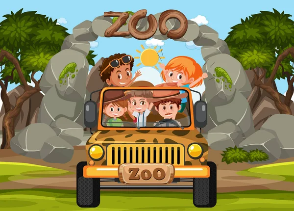 Niños Coche Turístico Explorar Escena Del Zoológico Ilustración — Archivo Imágenes Vectoriales
