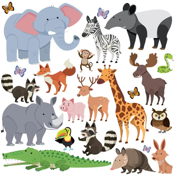 Seamless Pattern Cute Wild Animals White Background Illustration — Stock Vector