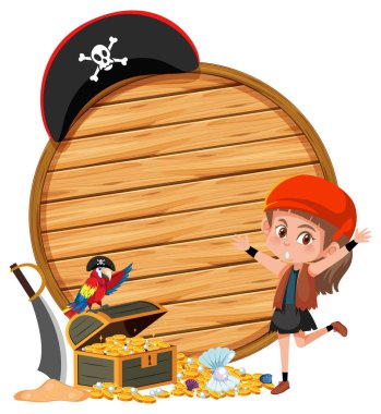 Beyaz arkaplanda izole edilmiş boş afişi olan bir korsan kız.