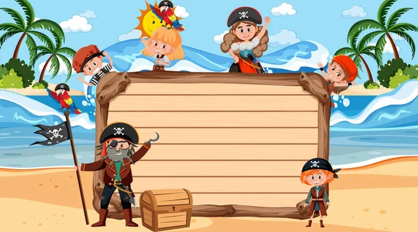 海滩插图上有许多海盗小孩卡通人物的空木板 — 图库矢量图片