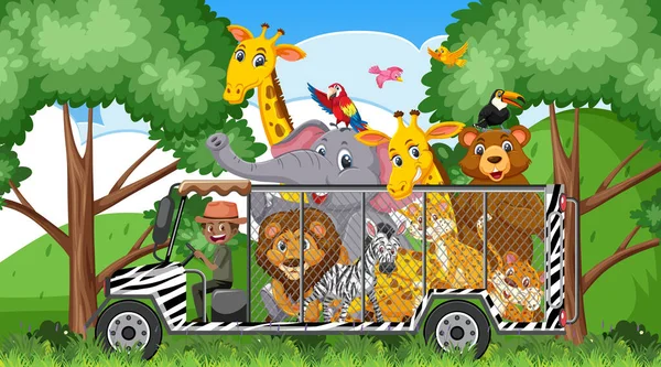 Zoo Escena Con Animales Felices Jaula Coche Ilustración — Archivo Imágenes Vectoriales