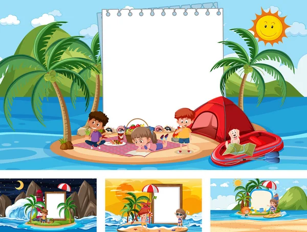 Conjunto Diferentes Escenas Playa Tropical Con Ilustración Pancarta Blanco — Archivo Imágenes Vectoriales