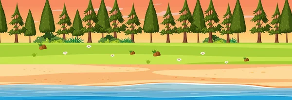 Escena Horizontal Playa Atardecer Con Muchos Pinos Ilustración — Vector de stock