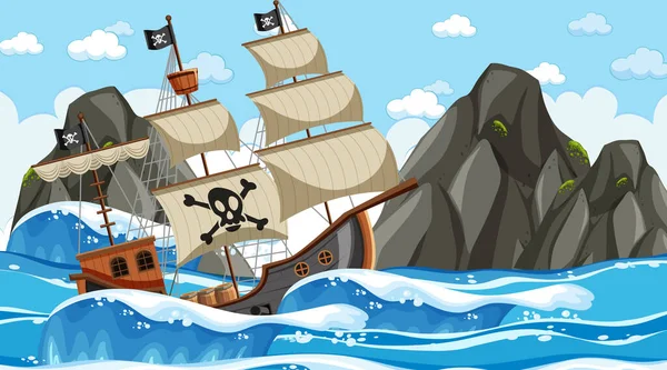 stock vector Ocean with Pirate ship at day time scene in cartoon style illustration