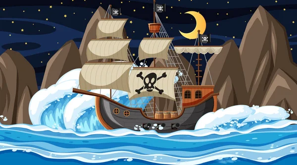 Oceano Con Nave Pirata Notte Scena Stile Cartone Animato Illustrazione — Vettoriale Stock