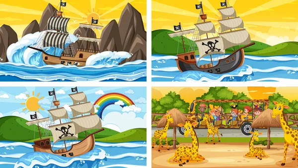 Set Van Verschillende Scènes Met Piratenschip Zee Dieren Dierentuin Illustratie — Stockvector