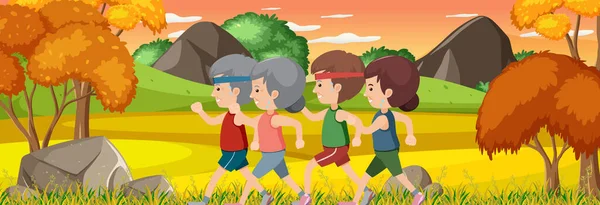 Scène Horizontale Extérieure Avec Des Gens Faisant Jogging Dans Illustration — Image vectorielle