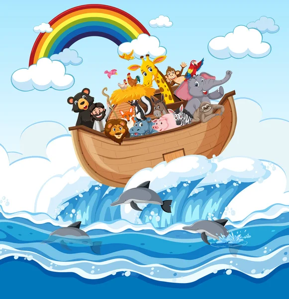 Arche Noah Mit Tieren Der Szene Des Ozeans Illustration — Stockvektor