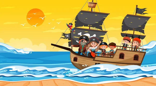 Ocean Scene Sunset Time Pirate Kids Ship Illustration — Stock Vector