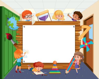 Okul çocuklarının resimli olduğu boş ahşap çerçeve