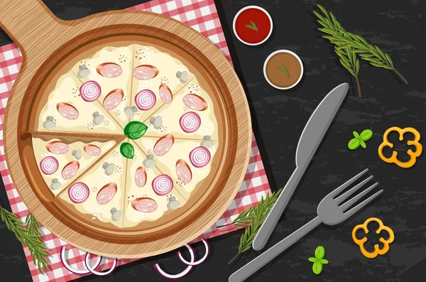 Vue Dessus Une Pizza Entière Avec Garniture Aux Oignons Champignons — Image vectorielle