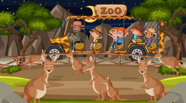 Safari Nocy Sceny Wielu Dzieci Oglądających Kangura Grupy Ilustracji — Wektor stockowy