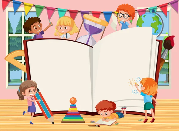 Libro Aperto Vuoto Con Illustrazione Del Fumetto Dei Bambini Della — Vettoriale Stock