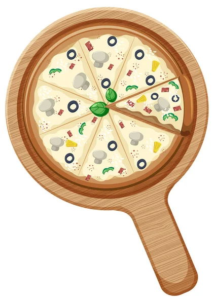 Hel Vegansk Pizza Med Svamp Och Olivtoppning Träplatta Isolerad Illustration — Stock vektor