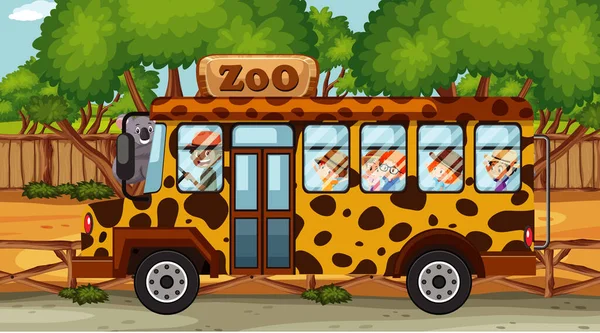 Zoo Scene Met Kinderen Bus Touring Illustratie — Stockvector