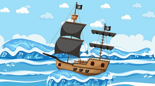 Ocean Med Pirat Fartyg Dagen Scen Tecknad Stil Illustration — Stock vektor