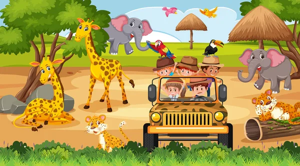 Safari Scène Avec Des Enfants Sur Voiture Tourisme Regarder Des — Image vectorielle