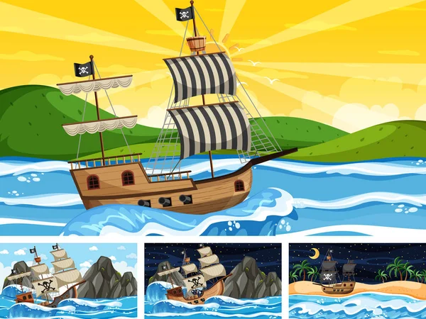 Karikatür Stili Illüstrasyonda Korsan Gemisiyle Farklı Zamanlarda Okyanus Sahneleri — Stok Vektör