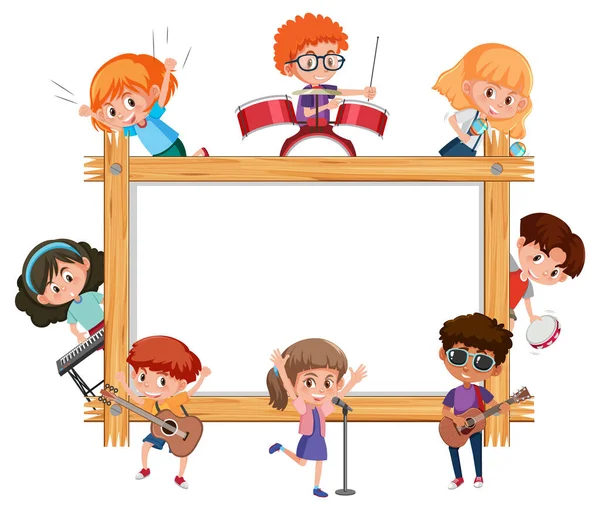 Empty Wooden Frame Kids Playing Different Musical Instruments Illustration — Stock Vector