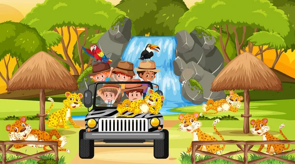 Safari Coucher Soleil Avec Des Enfants Regardant Illustration Groupe Léopard — Image vectorielle