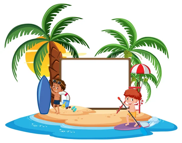 Leere Banner Vorlage Mit Kinderfigur Sommerurlaub Strand Auf Weißem Hintergrund — Stockvektor