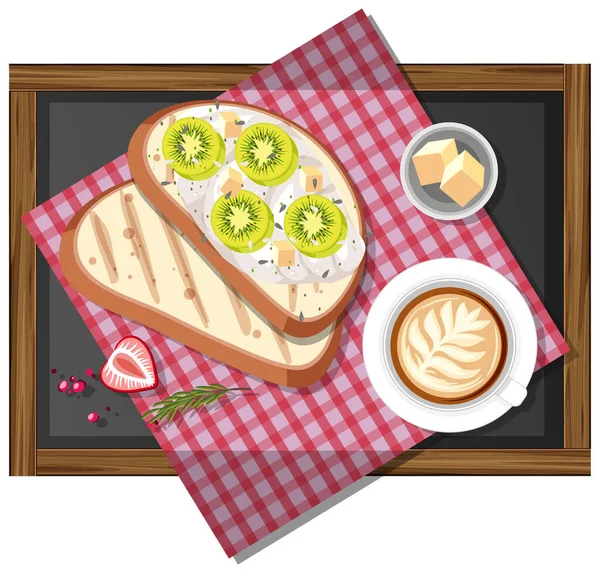 Bruschetta Com Uma Xícara Café Bandeja Madeira Ilustração Isolada — Vetor de Stock