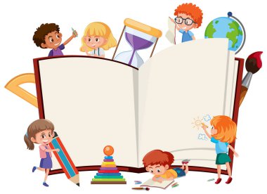 Okul çocukları ve kırtasiye elemanları resimleriyle dolu boş bir kitap