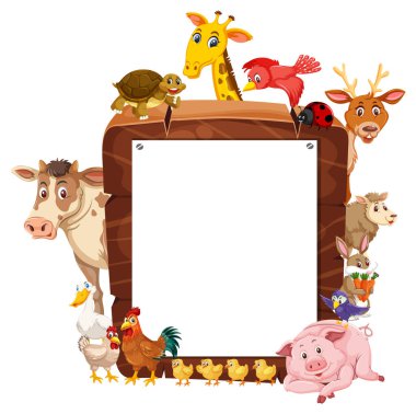 Çeşitli çiftlik hayvanlarının resimlerini içeren boş ahşap çerçeve