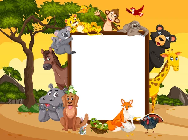Prázdný Dřevěný Rám Různými Divokými Zvířaty Lese Ilustrace — Stockový vektor