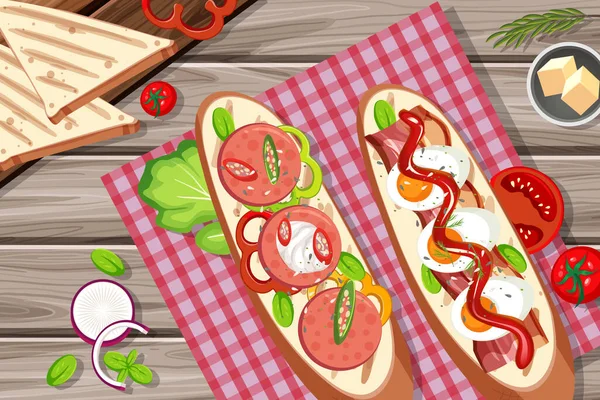 Bruschetta Met Plantaardige Ingrediënten Houten Tafel Achtergrond Illustratie — Stockvector