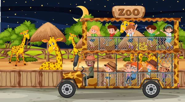 Safari Notte Scena Con Molti Bambini Guardando Giraffa Gruppo Illustrazione — Vettoriale Stock