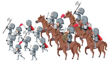 Ortaçağ ordu karakterleri savaş illüstrasyonuna gidiyor.