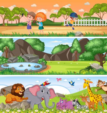 Çizgi film karakteri illüstrasyonuyla gündüz sahnesinde farklı doğa manzarası