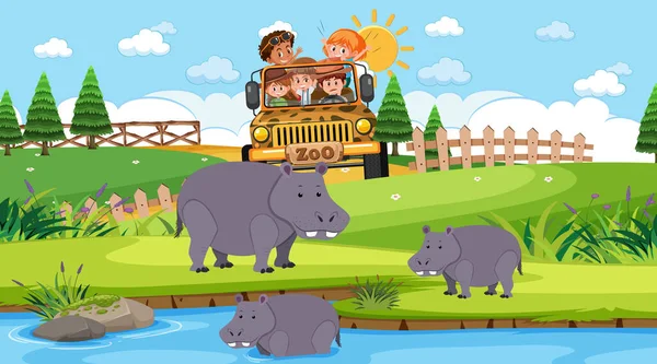 Zoo Dag Tijd Scène Met Veel Kinderen Kijken Hippopotamus Groep — Stockvector