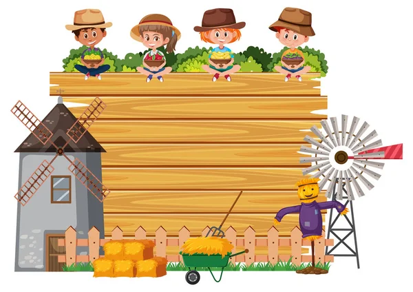 子供や農場のオブジェクトのイラストと空の木製のボード — ストックベクタ