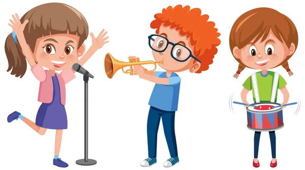 Set Van Verschillende Kinderen Spelen Muziekinstrumenten Illustratie — Stockvector
