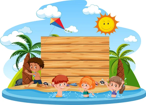 Empty Banner Template Kids Vacation Beach White Background Illustration — Stock Vector