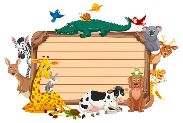 Empty Wooden Board Various Wild Animals Illustration — Stock Vector