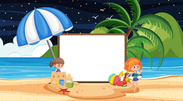 Niños Vacaciones Escena Nocturna Playa Con Una Plantilla Pancarta Vacía — Archivo Imágenes Vectoriales