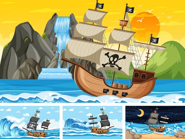 Conjunto Cenas Oceano Diferentes Momentos Com Navio Pirata Ilustração Estilo — Vetor de Stock