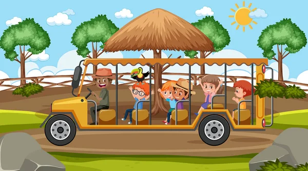 Safari Tag Szene Mit Vielen Kindern Einem Zoo Golfwagen Illustration — Stockvektor