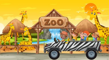 Safari, gün batımında çocuklarla birlikte zürafa grubu resimlerini izliyor.