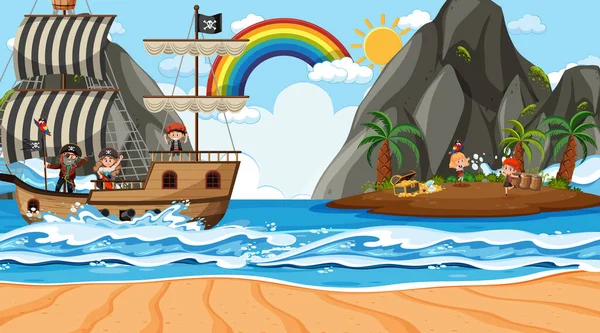 Escena Playa Durante Día Con Niños Piratas Ilustración Del Barco — Vector de stock