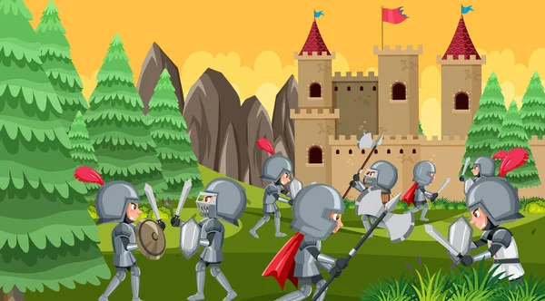 Medieval War Cartoon Scene Illustration — Stock Vector