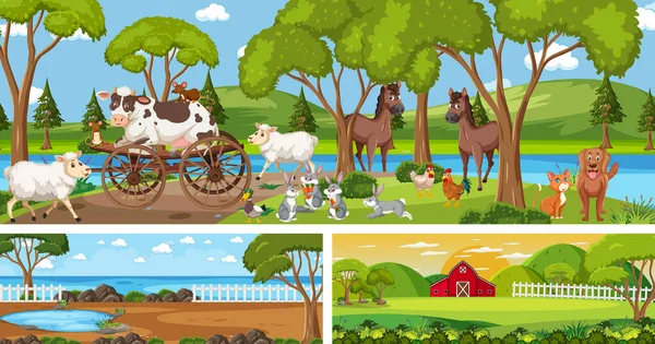 Conjunto Diferentes Cenas Paisagens Livre Com Ilustração Personagens Desenhos Animados — Vetor de Stock