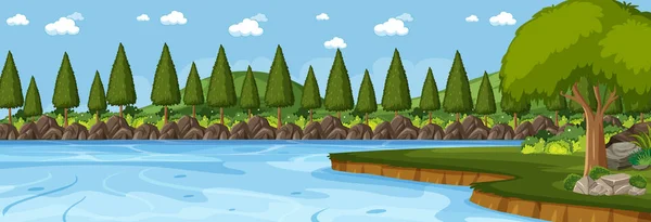 Πανόραμα Τοπίο Σκηνή Ποτάμι Μέσα Από Την Απεικόνιση Του Δάσους — Διανυσματικό Αρχείο
