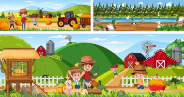 Açık hava panoramik manzara sahneleri çizgi film karakteri illüstrasyonuyla hazırlanmıştır.