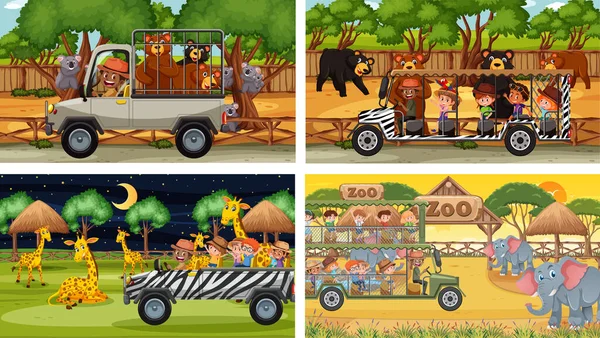 Conjunto Diferentes Animales Escenas Safari Con Ilustración Para Niños — Archivo Imágenes Vectoriales