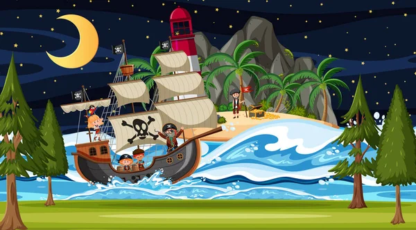 Praia Com Navio Pirata Cena Noturna Desenho Animado Ilustração Estilo —  Vetores de Stock